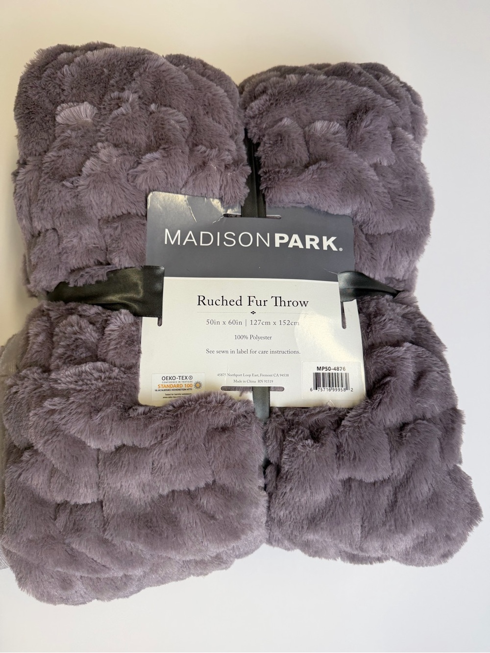 Madison Park Ruched Faux Fur Throw Blanket 50x60 Lavender Gray Plush Cozy NWT